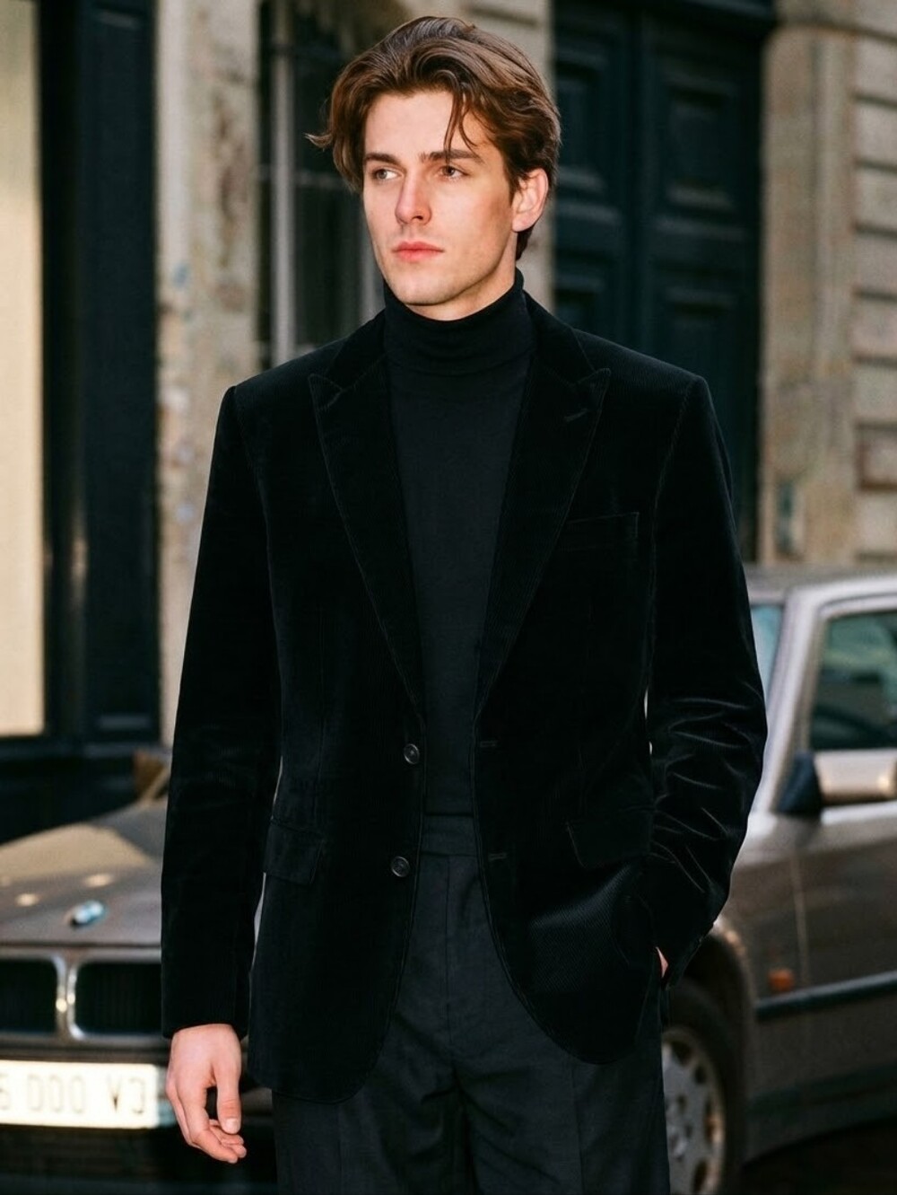 BOSS Hugo Boss 42L Vintage 90s Black Velvet Corduroy Blazer Old Money Luxury